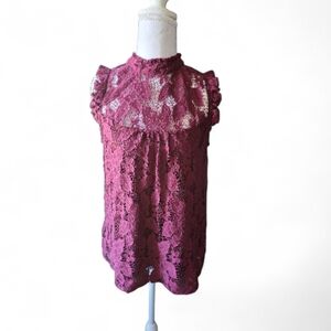 Lily White Burgundy Lace Sleeveless Blouse Sheer Floral Crochet Blouse Top